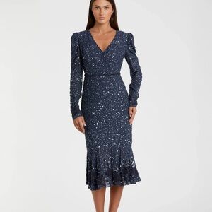 Mac Duggal Sequin Embellished Flounce Hem Surplice V Neck Long Sleeve Midi Dress